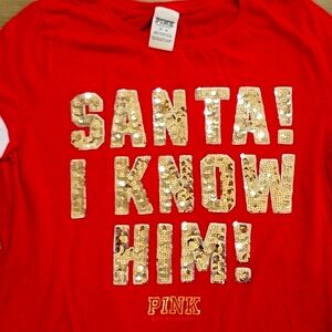 PINK Victoria's Secret Red Sequin Santa I Know Him Elf Tshirt Medium